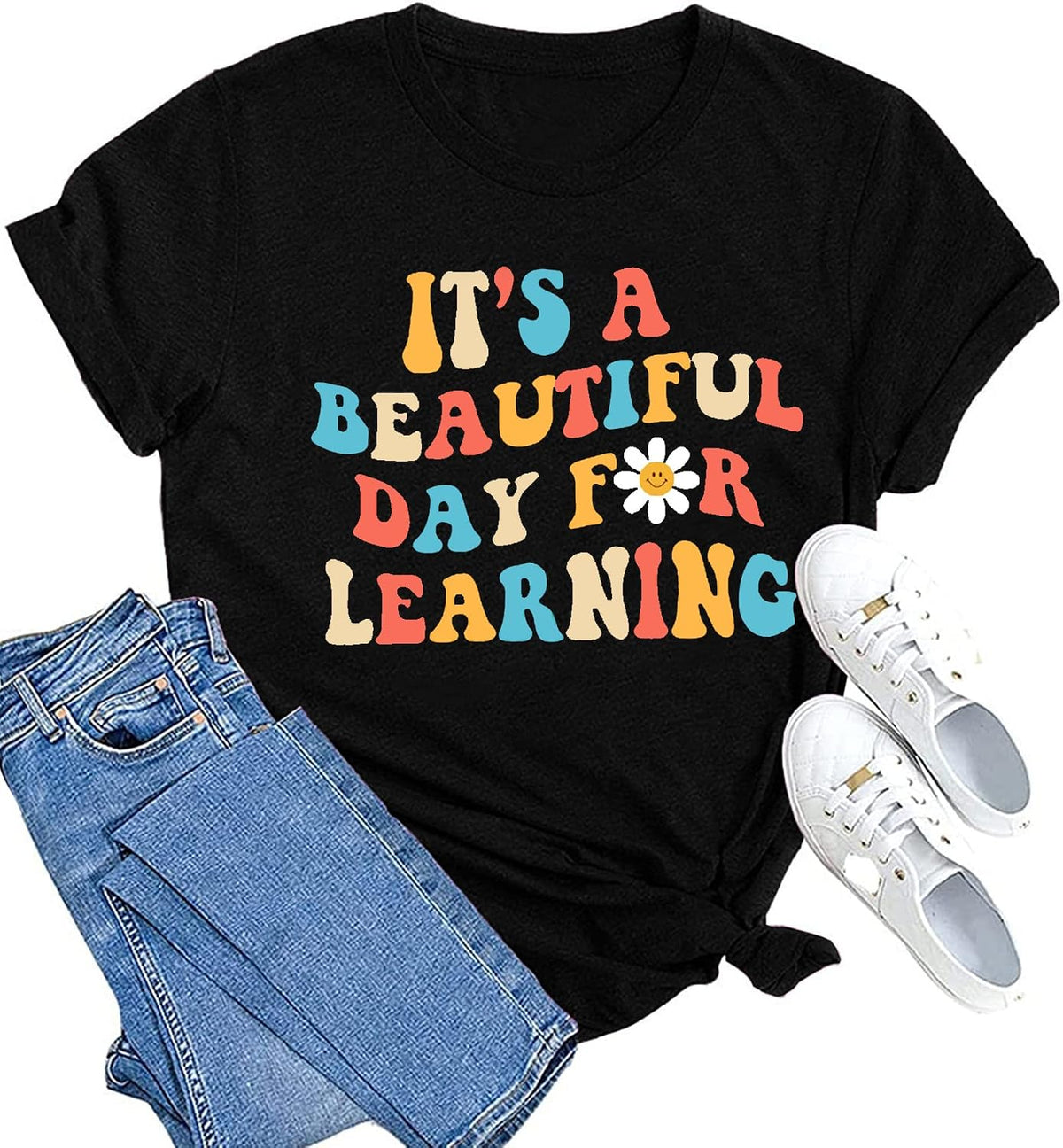 Women Teacher Life Shirt Teacher Gift Short Sleeve Shirts It s a Beautiful Day for Learning T-Shirt - Black