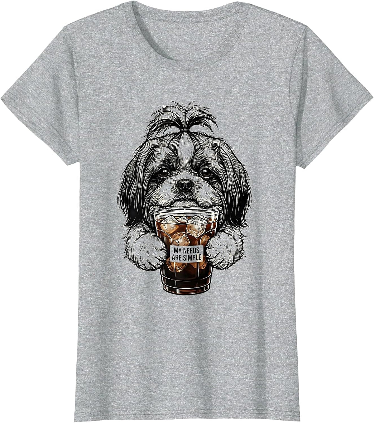 Women's My Needs Are Simple Funny Shih Tzu Dog Lover Iced Coffee T-Shirt - Heather Grey
