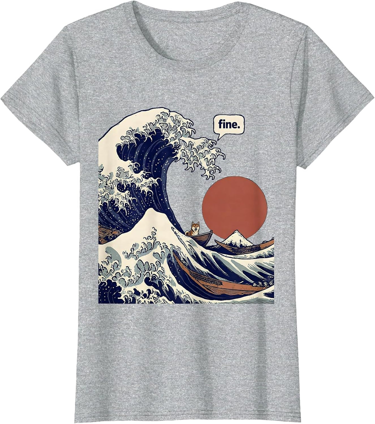 fine Monumental Woodcut Engraving Animal Surfing Great Wave T-Shirt - Heather Grey