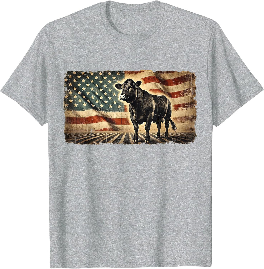 Angus Rancher USA American Flag Cow T-Shirt - Heather Grey