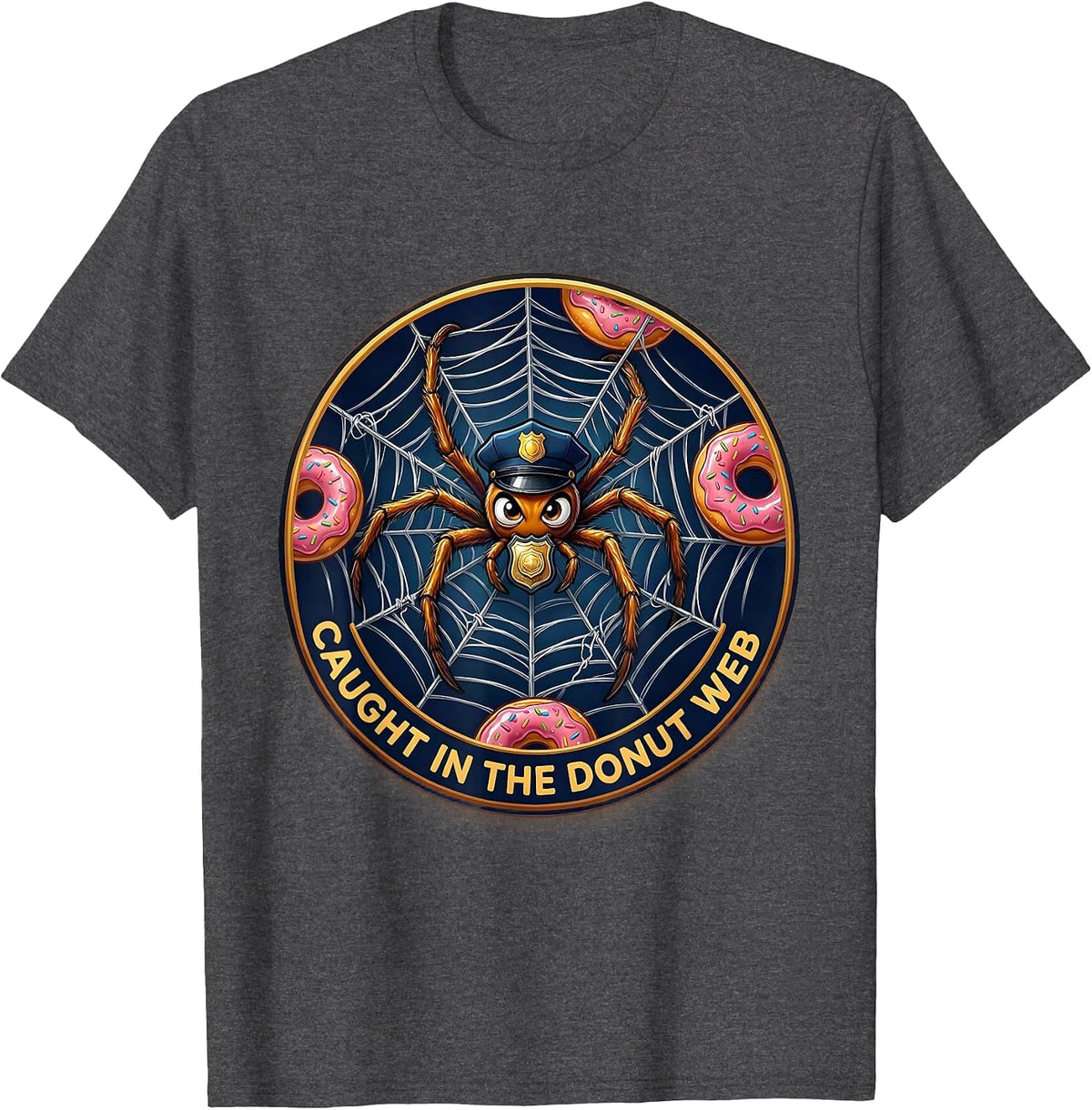 Men's Halloween Police Caught in the Donut Web Design T-Shirt - Dark Heather Grey