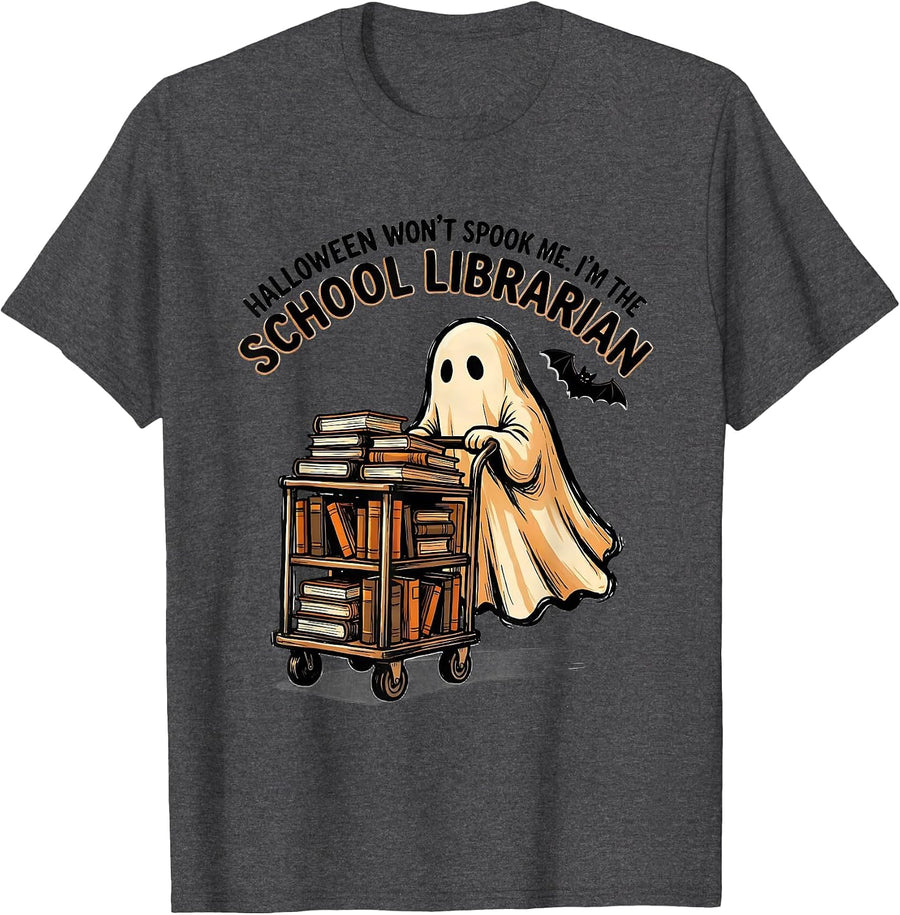 Men's Halloween Won't Spook Me—I'm The School Librarian Funny T-Shirt - Dark Heather Grey