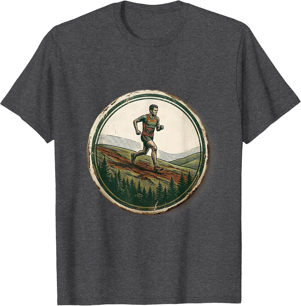 Sealed Runner Badge Vintage Cross Country Running Team T-Shirt - Dark Heather Grey