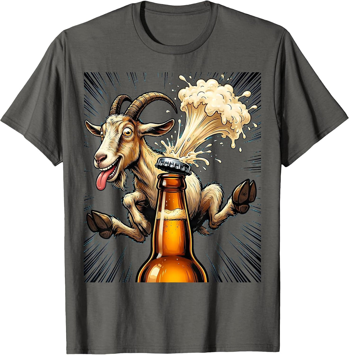 Goat Headbutts Beer Bottle Funny Drinking T-Shirt - Asphalt Grey