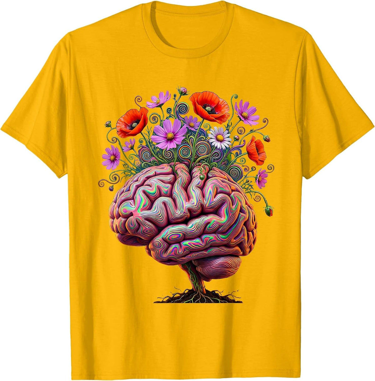 Men's Blooming Brain Wildflower Neurodiversity Art T-Shirt - Golden Yellow