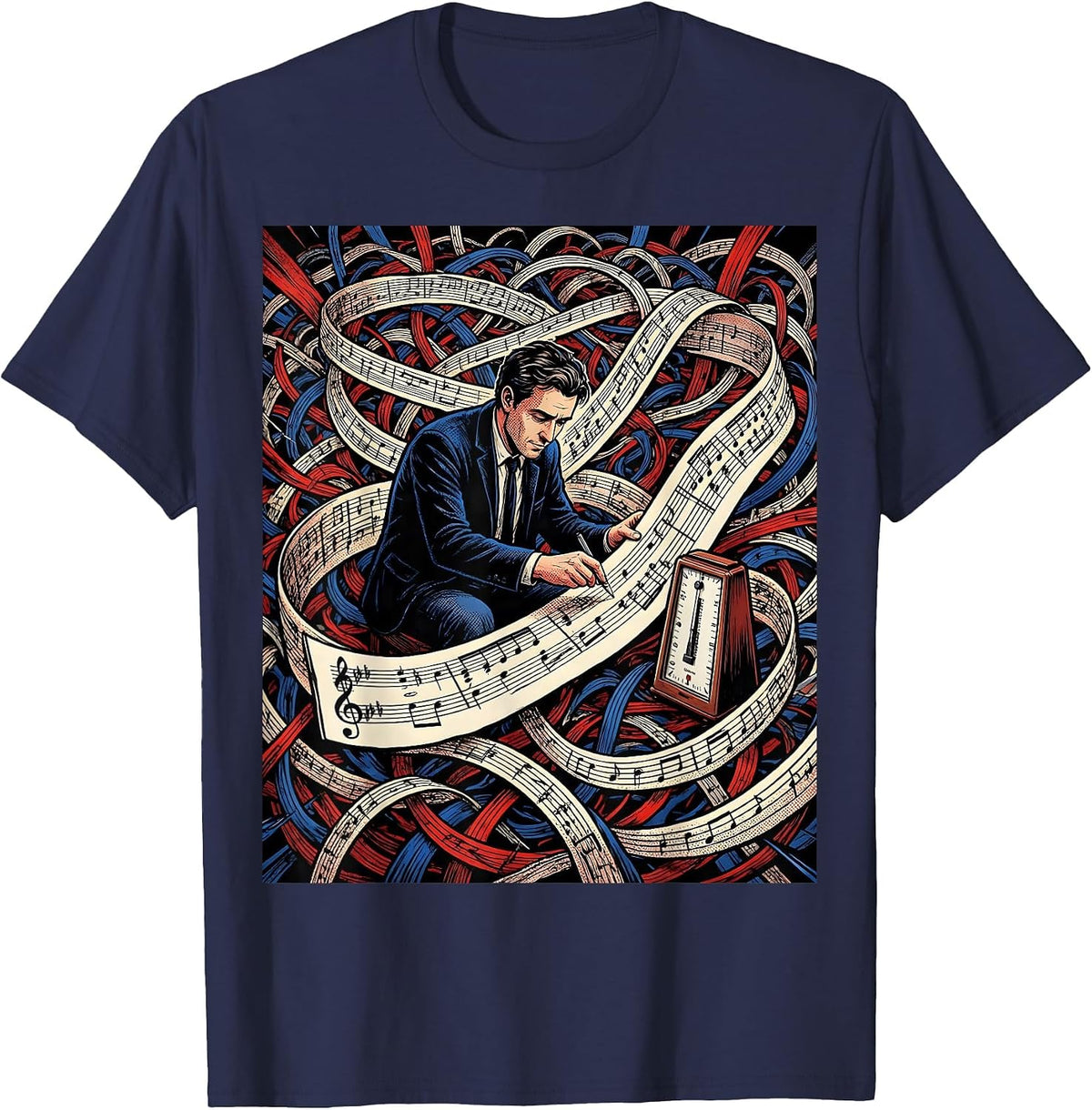 Men's Comic Musician Tangled Music Score Gift T-Shirt - Navy Blue