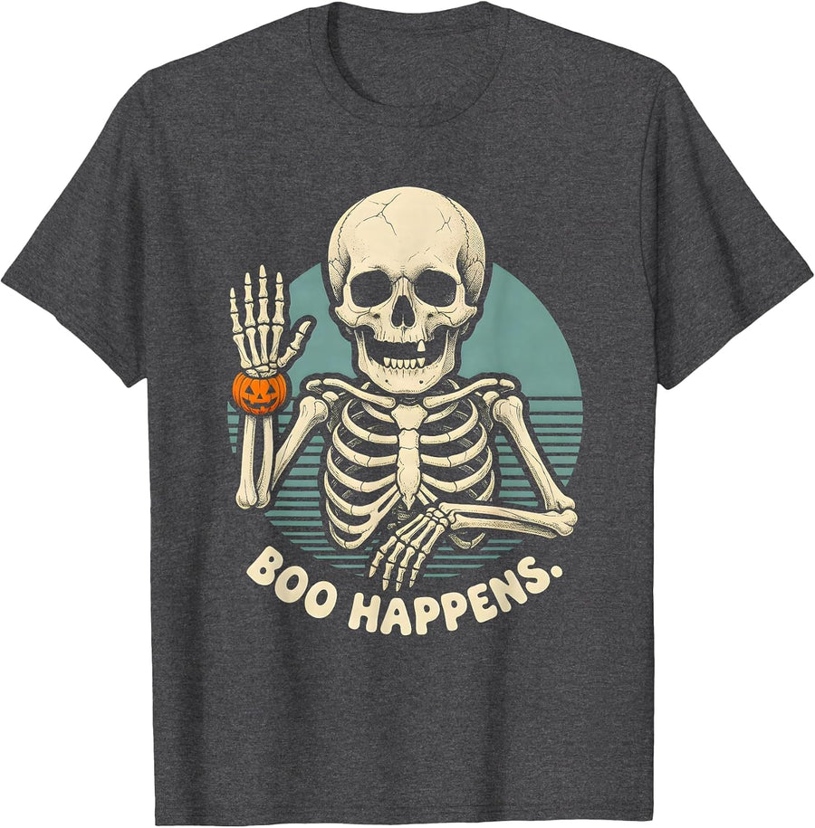 Men's BOO HAPPENS Funny Halloween Dry Humor Adult Spooky Season T-Shirt - Dark Heather Grey