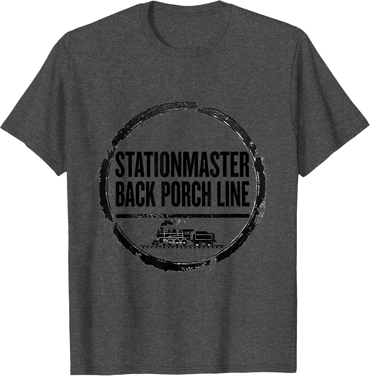 Men's Stationmaster Back Porch Line Vintage Steam Train Enthusiast T-Shirt - Dark Heather Grey