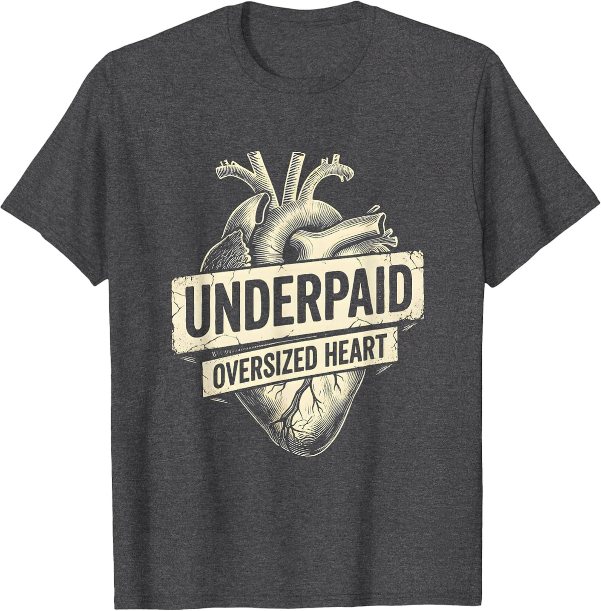 Underpaid Oversized Heart Teacher Women Design T-Shirt - Dark Heather Grey