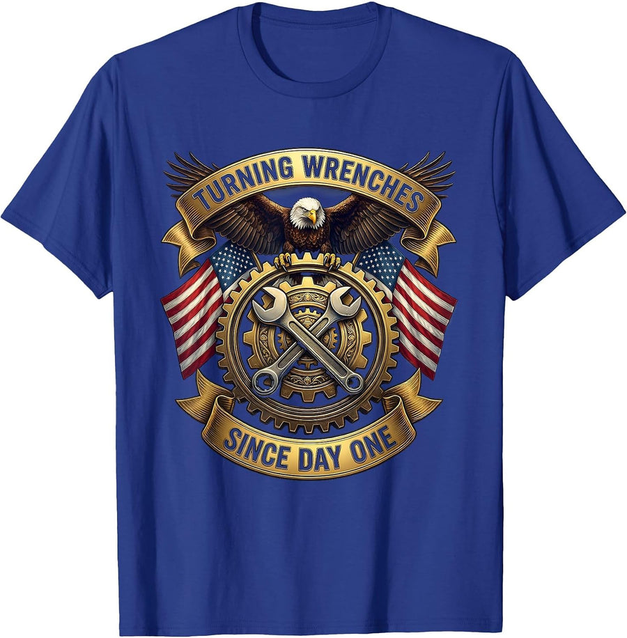 Turning Wrenches Since Day One Mechanic Design T-Shirt - Royal Blue