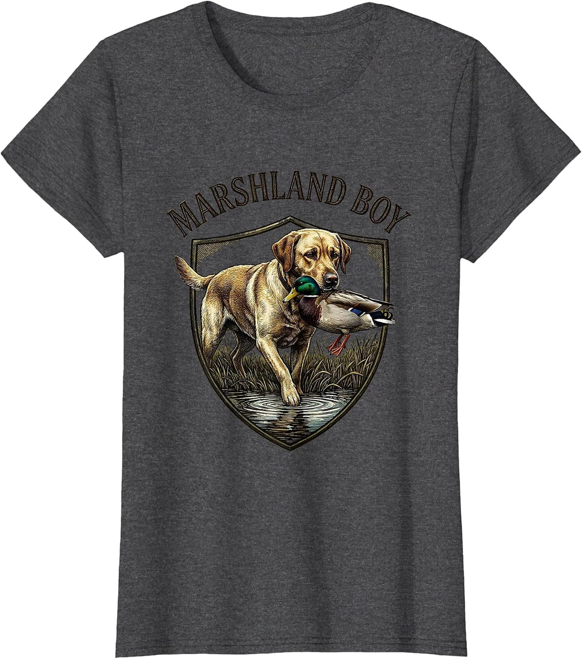 Women's Marshland Boy Vintage Emblem Labrador Duck Hunting Rural T-Shirt - Dark Heather Grey