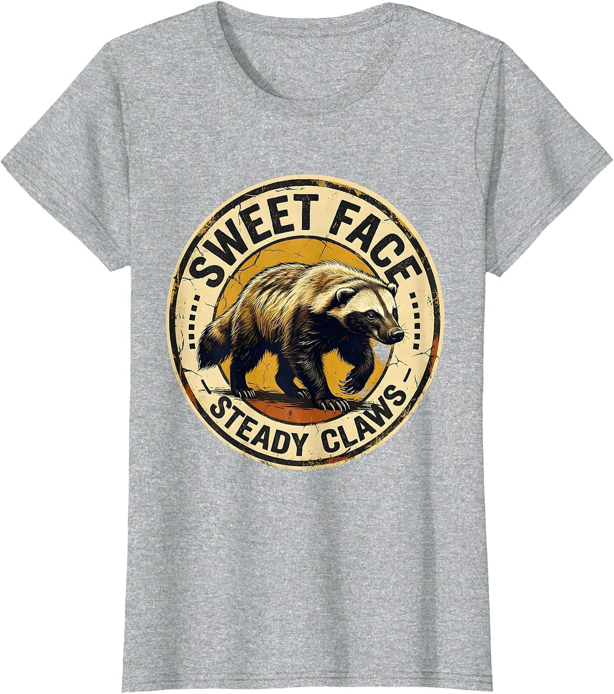 Sweet Face, Steady Claws Distressed Honey Badger Wildlife T-Shirt - Heather Grey