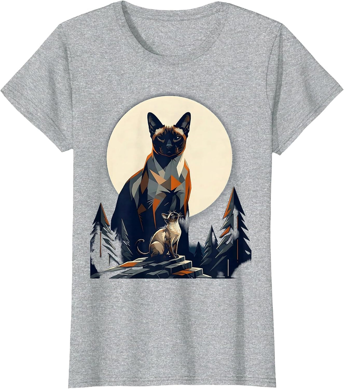 Women's Siamese Cat Howling at Moon Fantasy Nostalgia T-Shirt - Heather Grey
