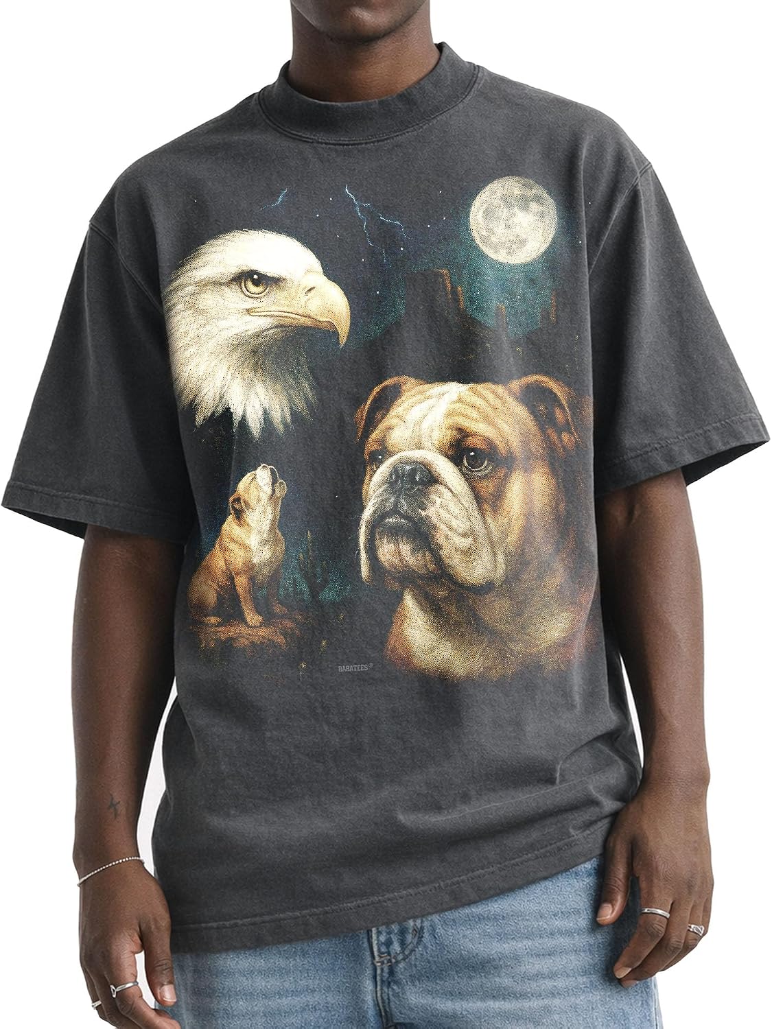 Shaka Wear Dog & Bald Eagle Thunder Tshirt - Faded Max-Heavyweight 7.5oz Oversized & Boxy - Bulldog