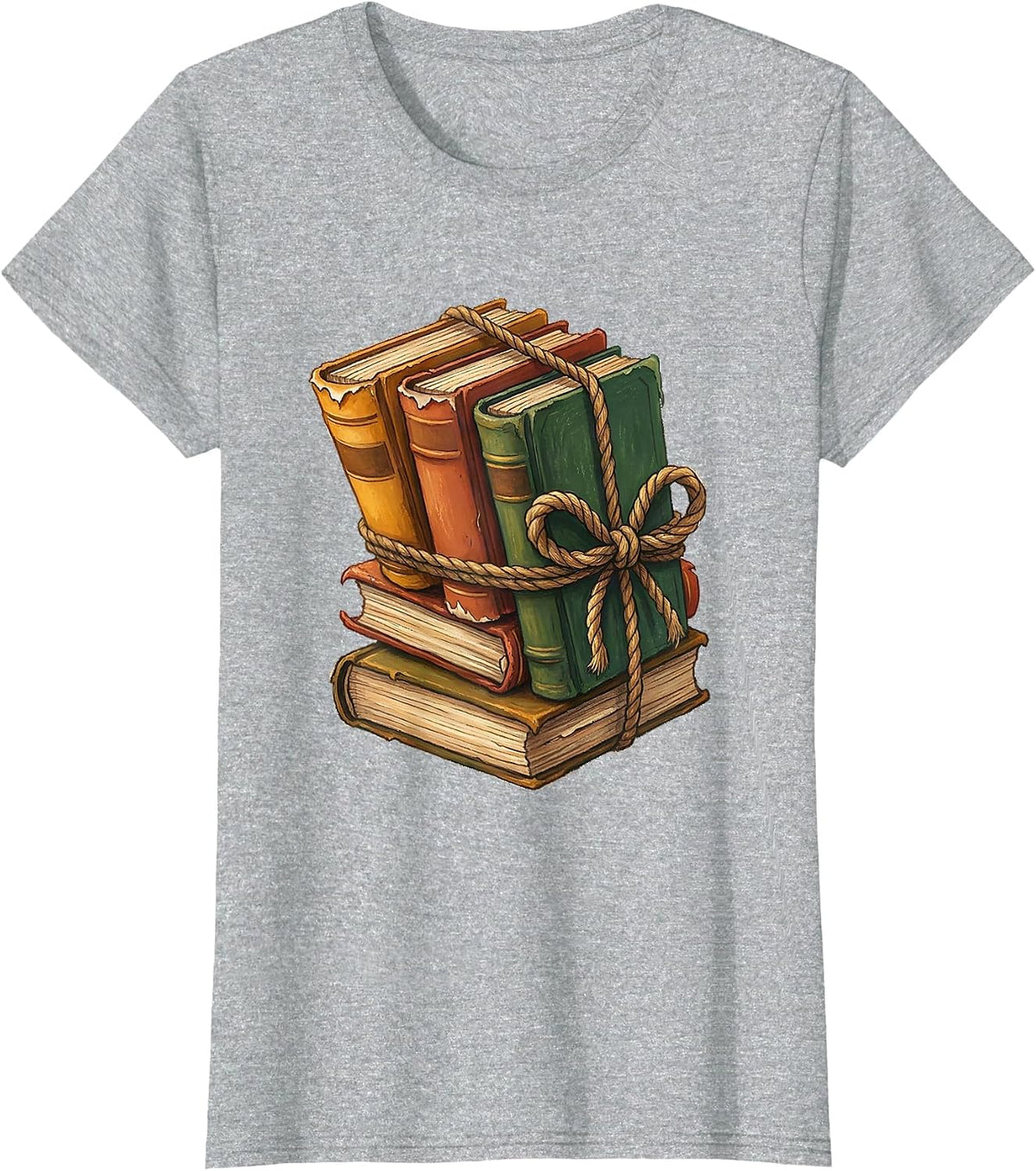 Stack of Books Tied With Rope Illustration T-Shirt - Heather Grey