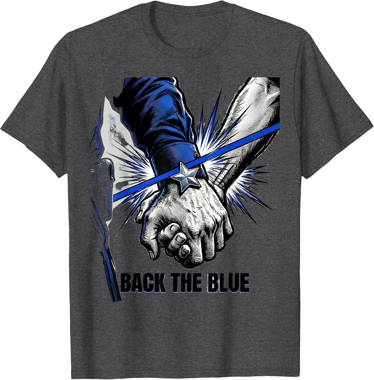Back The Blue Comic Book Thin Blue Line Police Support T-Shirt, Men, Dark Heather Grey, Large - As Pictured