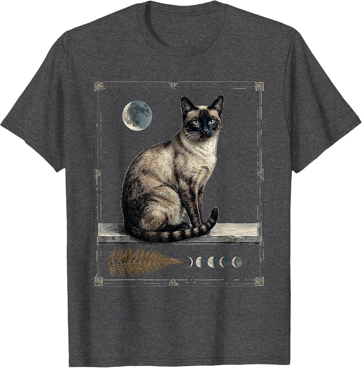 Men's Siamese Cat Moon Gazing 90s Retro Portrait T-Shirt - Dark Heather Grey