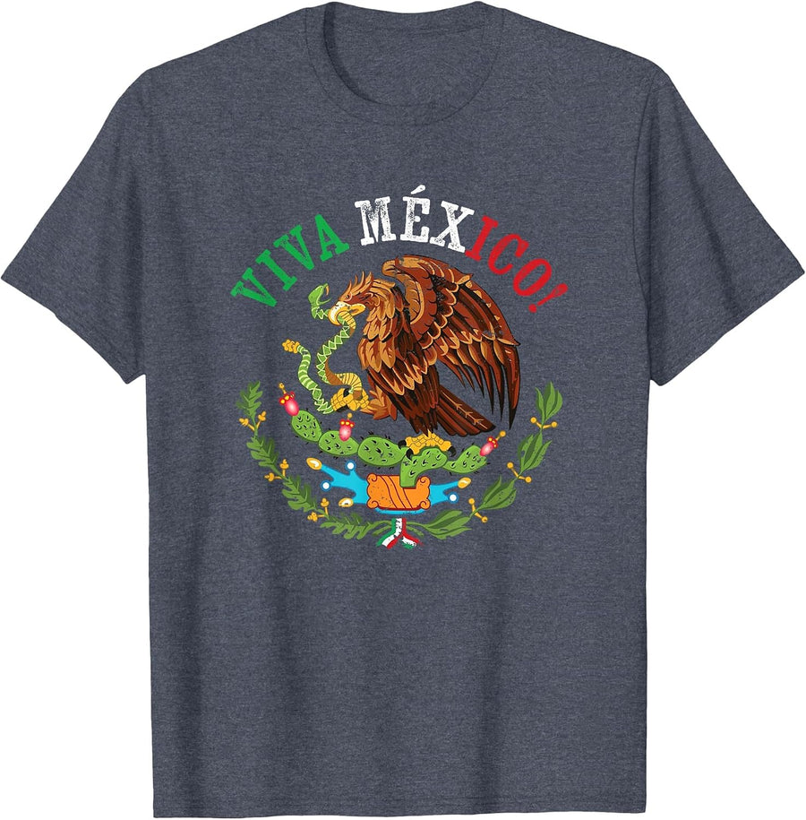 Mexican Flag Proud Mexican Coat of Arms Viva Mexico T-Shirt - Heather Blue