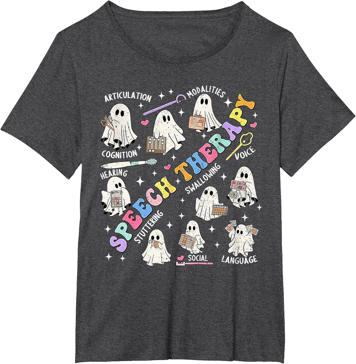 Speech Therapy Retro Groovy Funny Halloween Ghost Therapist T-Shirt - Dark Heather Grey