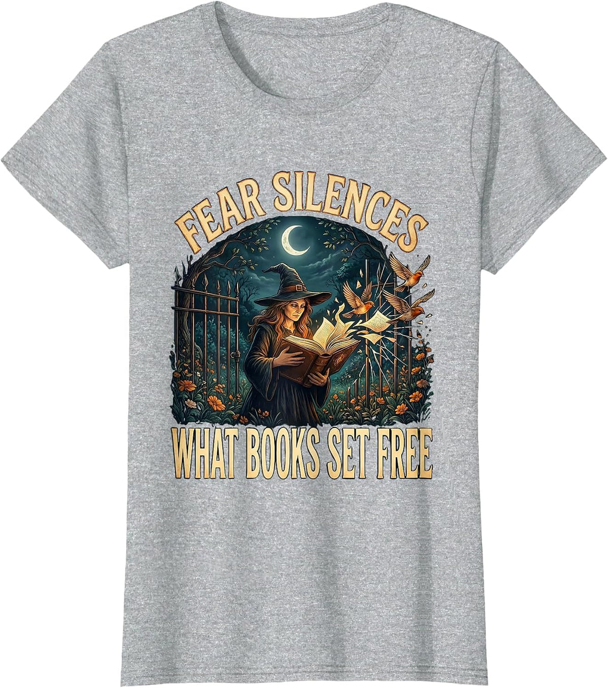 Fear Silences What Books Set Free Witch Bookish Halloween T-Shirt - Heather Grey