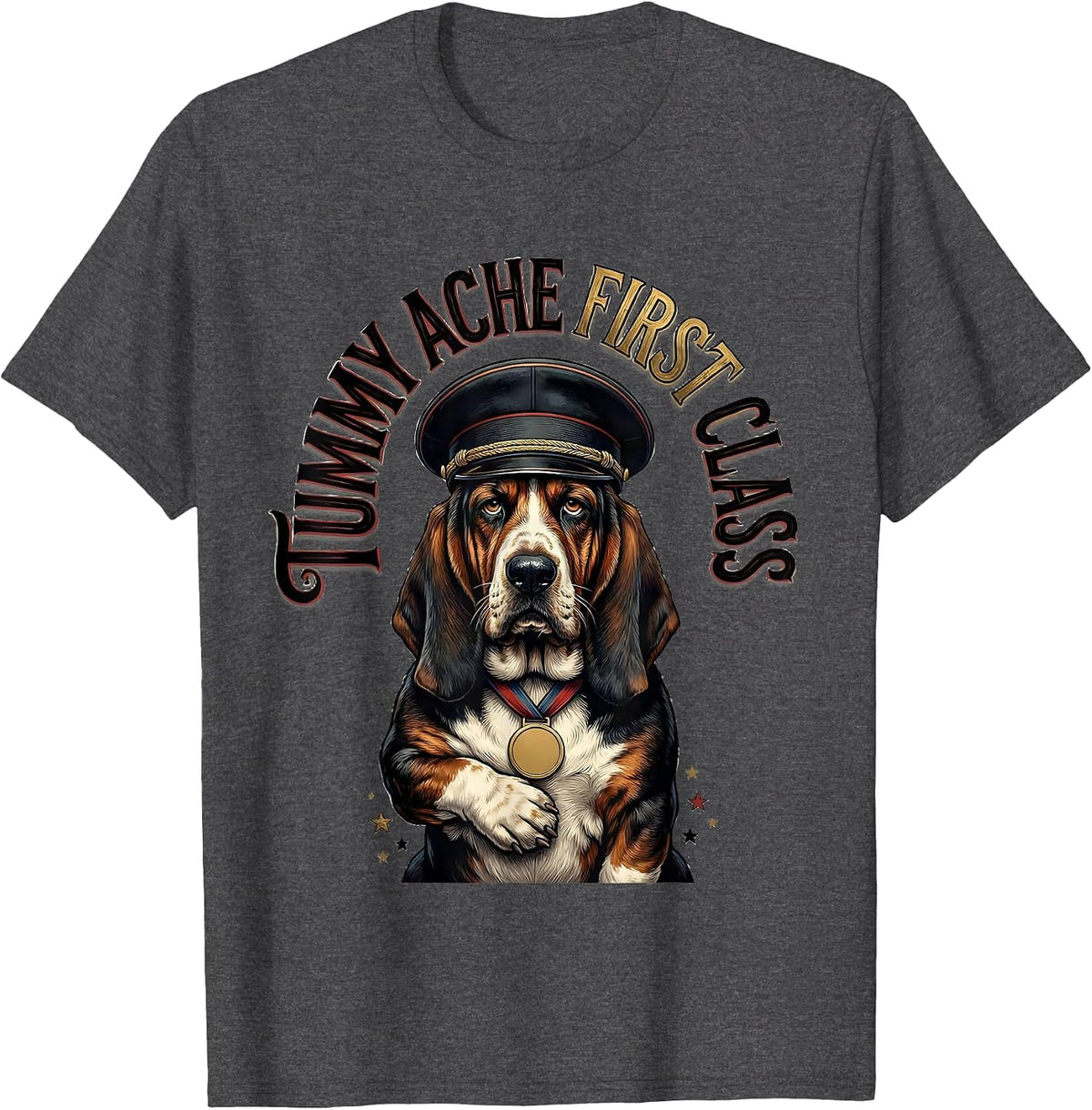 Tummy Ache First Class Funny Basset Hound Pet Humor Novelty T-Shirt - Dark Heather Grey