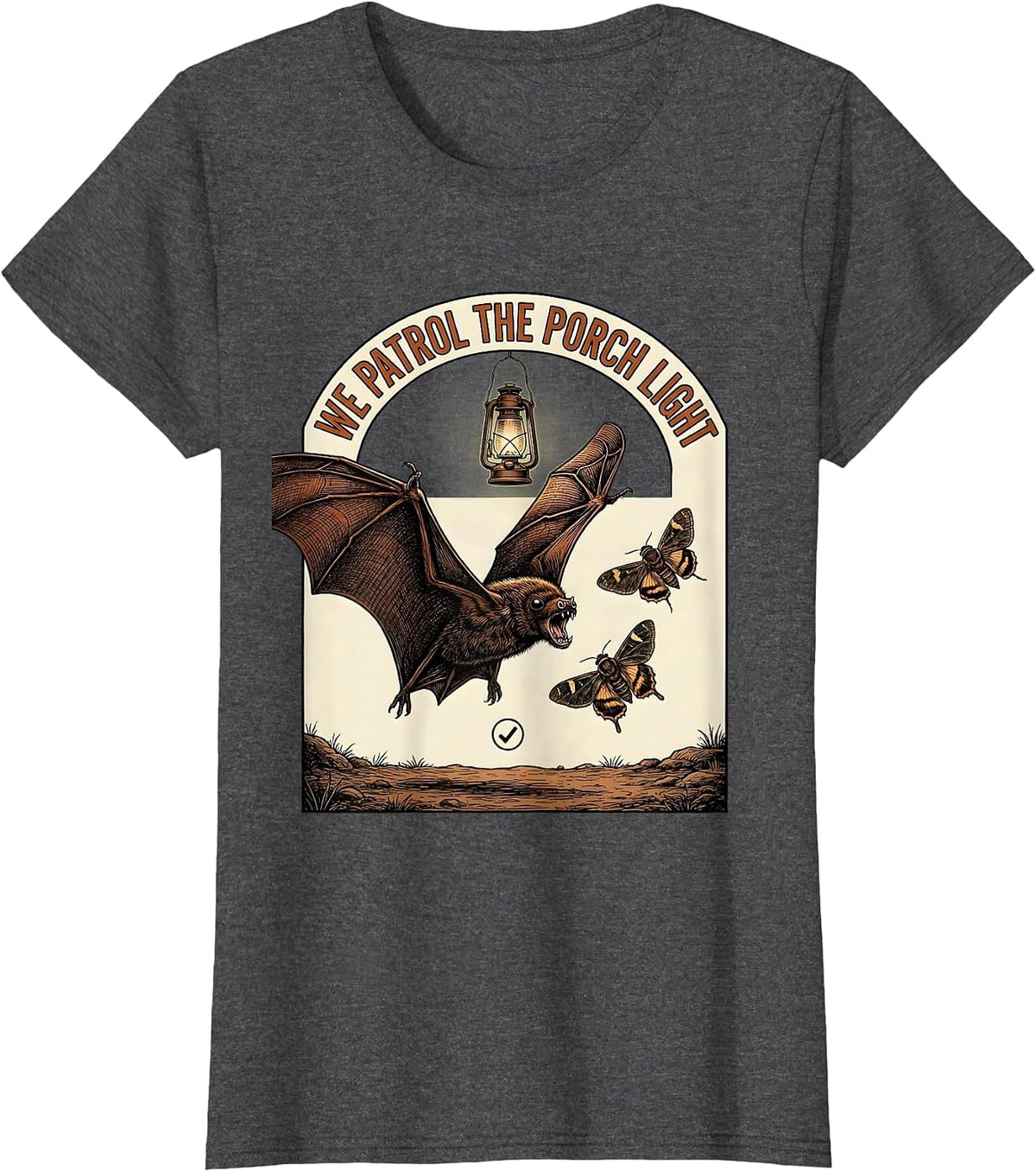 Women's We Patrol The Porch Light Vintage Bat Lover Halloween T-Shirt - Dark Heather Grey