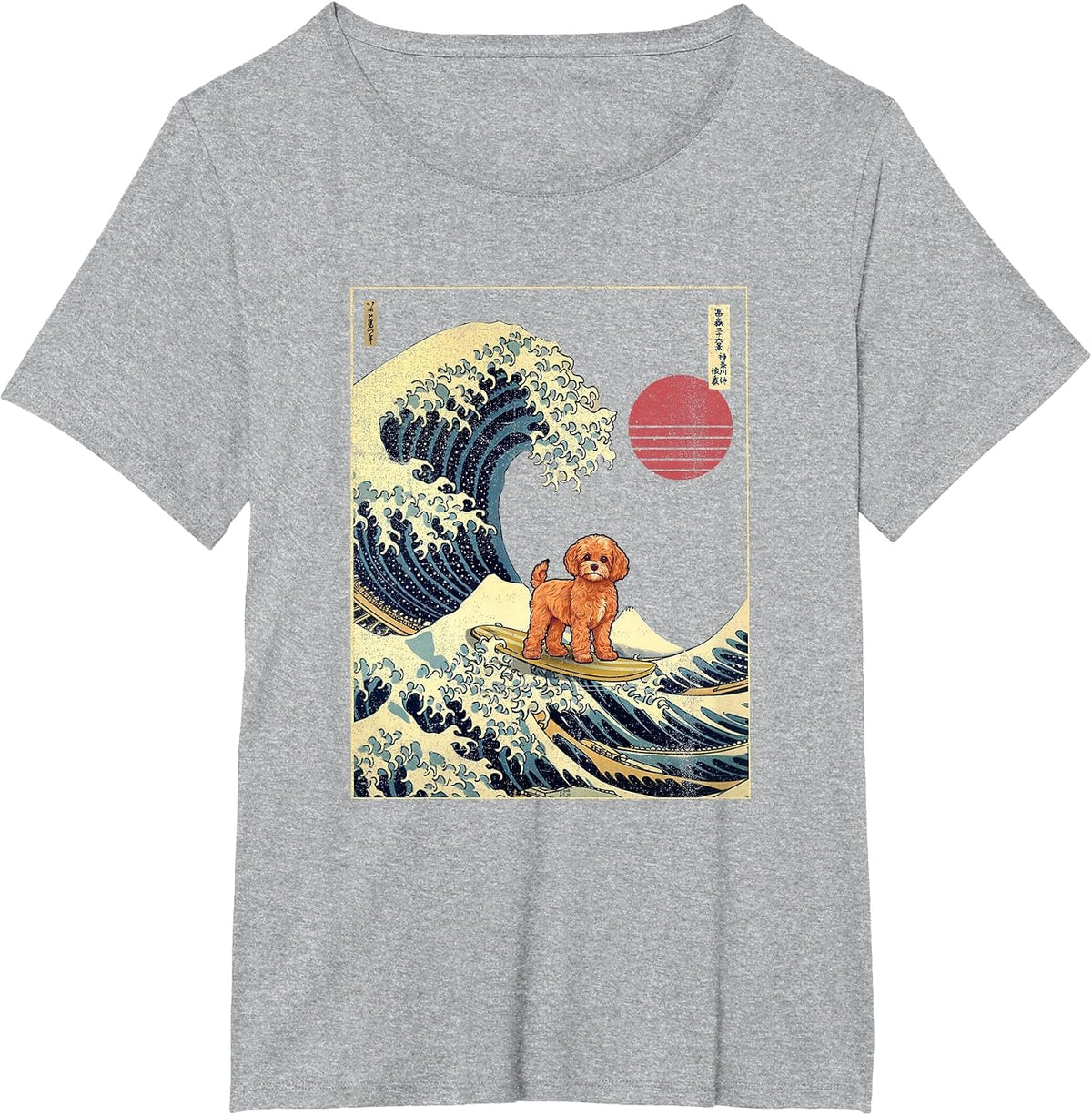Cavapoo Japanese Kanagawa Wave Funny Surf Dog T-Shirt - Heather Grey