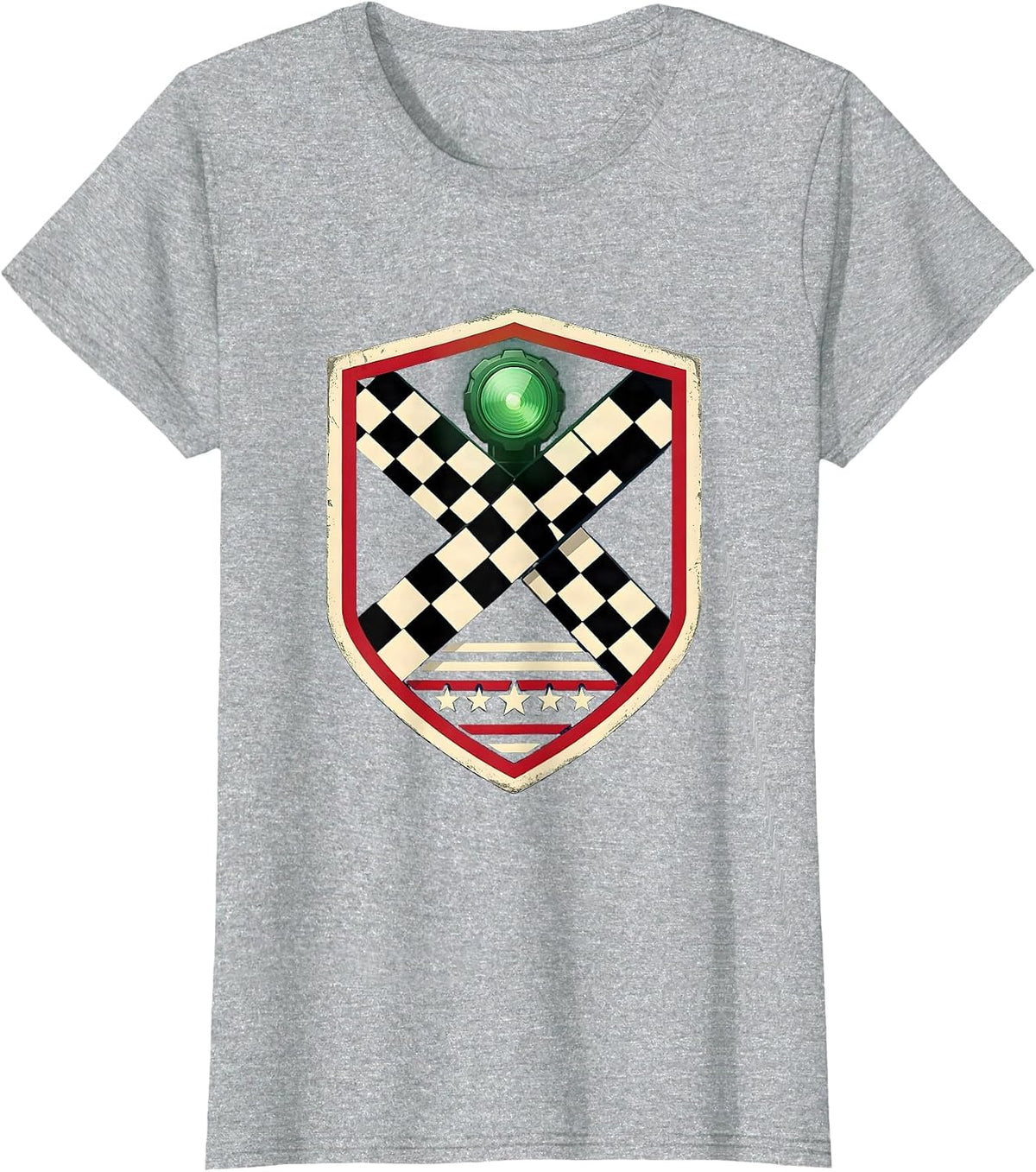 Sealed Shield Badge Racing Fan American Flag Checkered Flag T-Shirt - Heather Grey