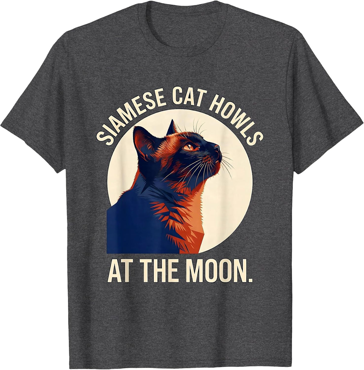 Siamese Cat Howls at the Moon 90's Retro Novelty T-Shirt - Dark Heather Grey