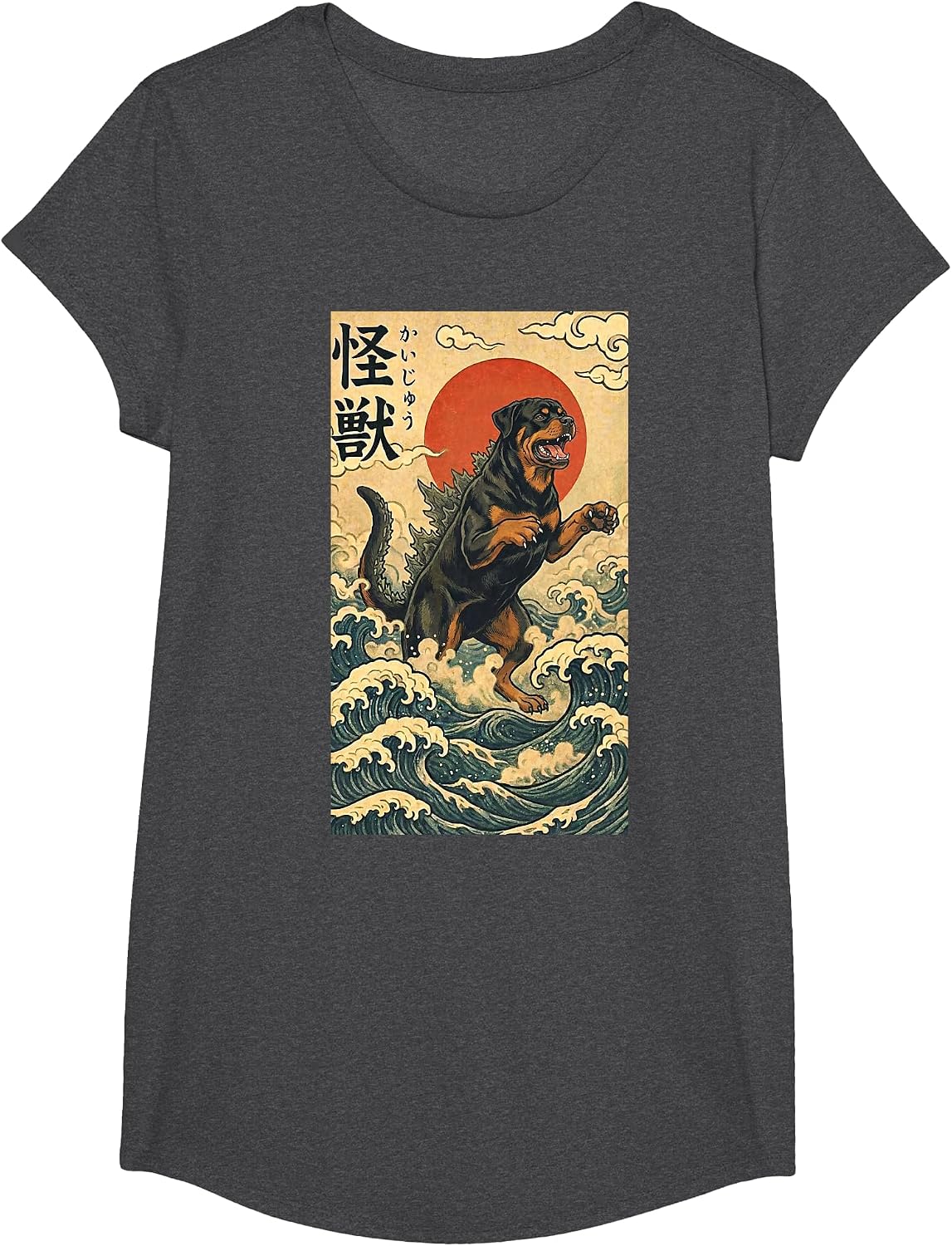 Rottzilla Rottweiler Japanese Art Funny Dog T-Shirt - Girls Dark Heather Grey