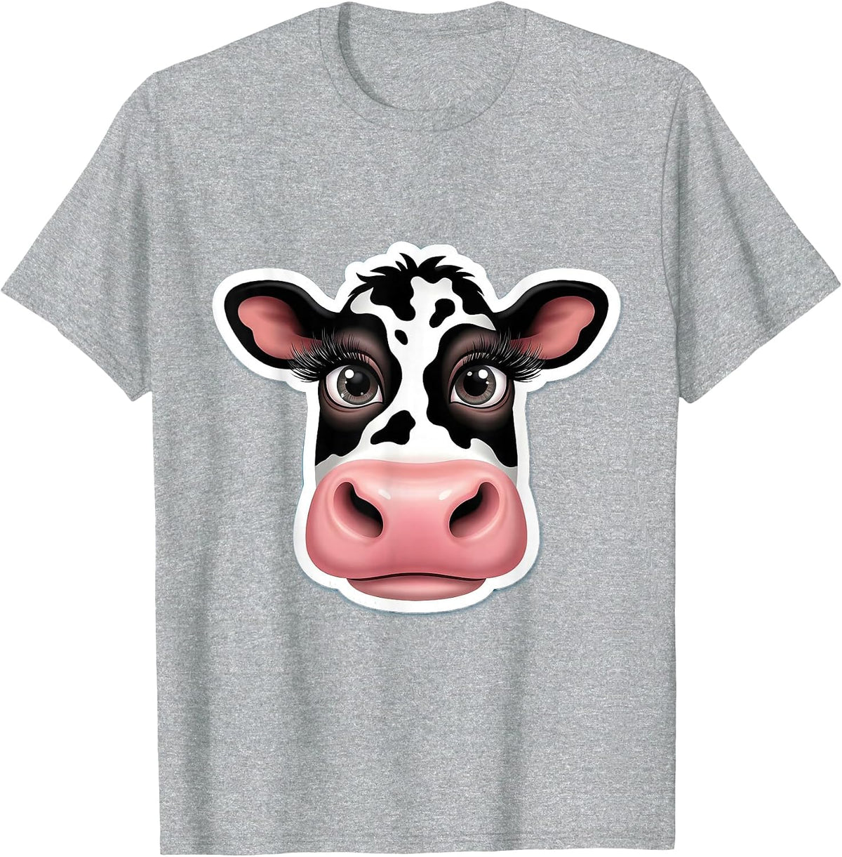Cow Face Close-Up Long Lashes Cow Print Design T-Shirt - Heather Grey