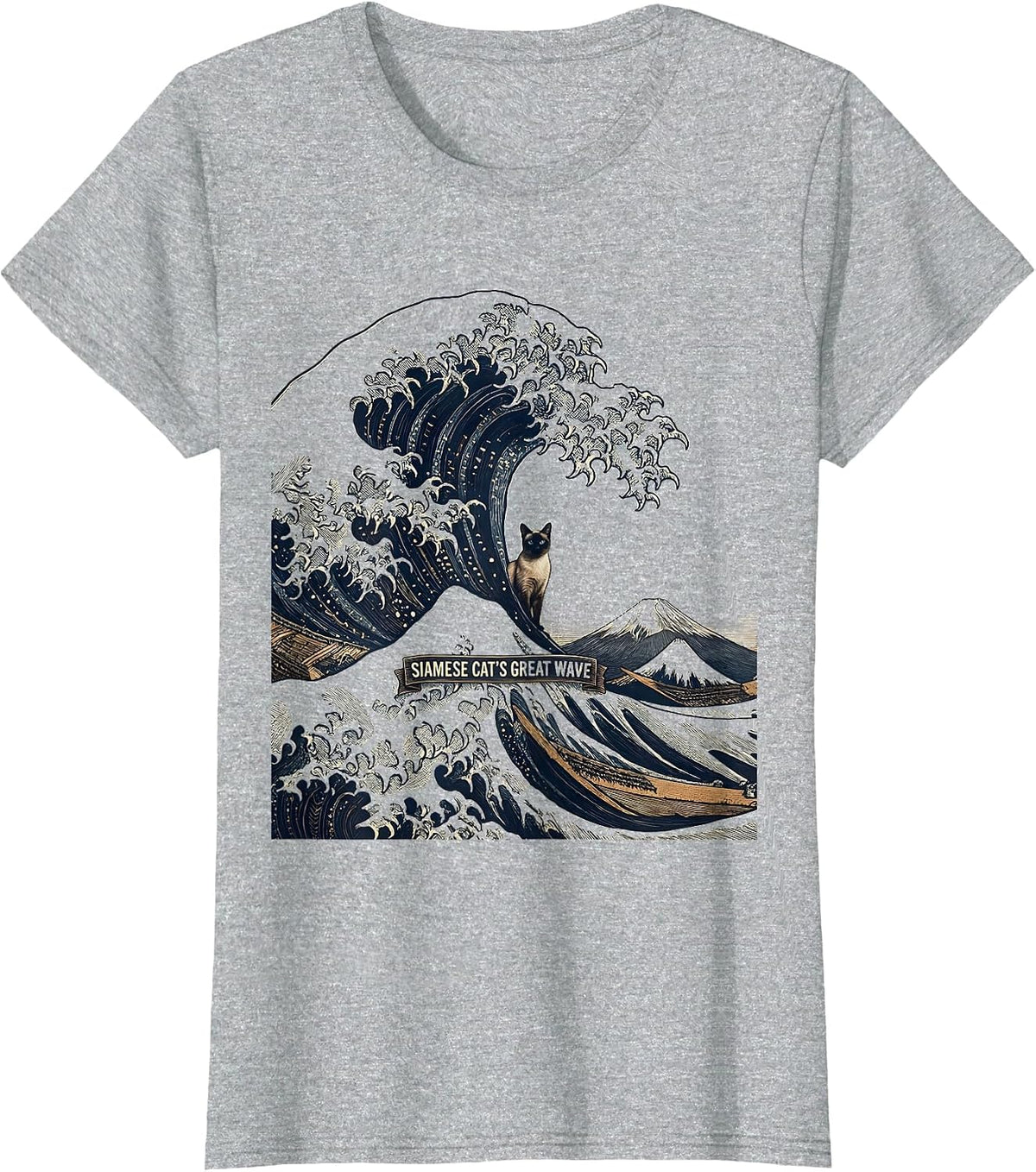 Women's Siamese Cat's Great Wave Crosshatch Etching Japanese Art T-Shirt - Heather Grey