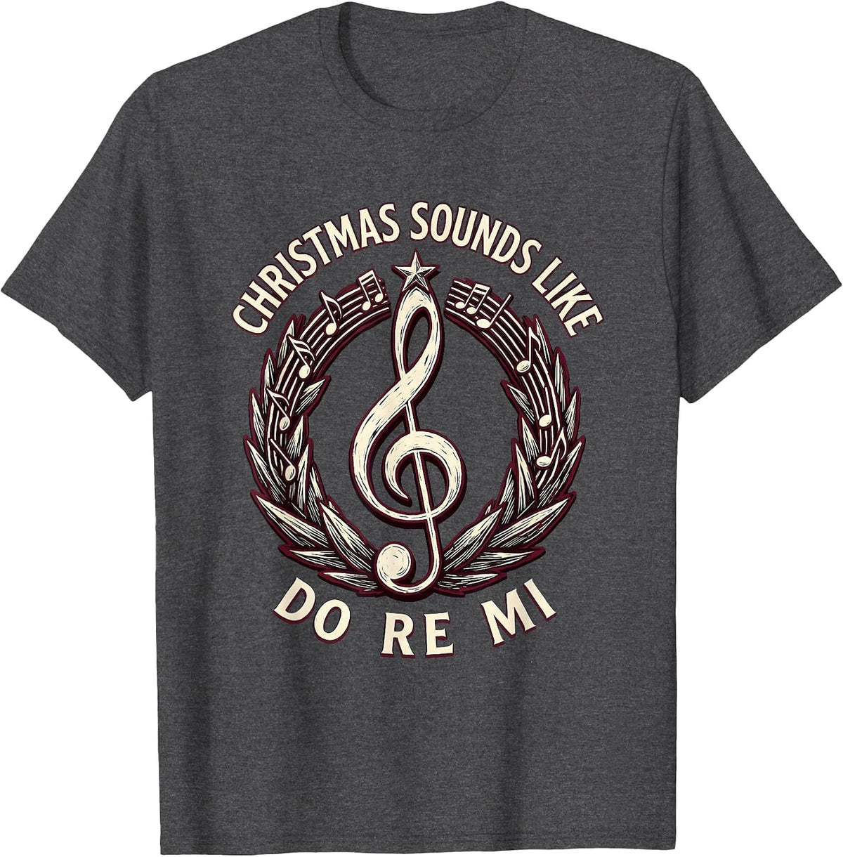 Christmas Sounds Like Do Re Mi Linocut Music Teacher Treble T-Shirt - Dark Heather Grey