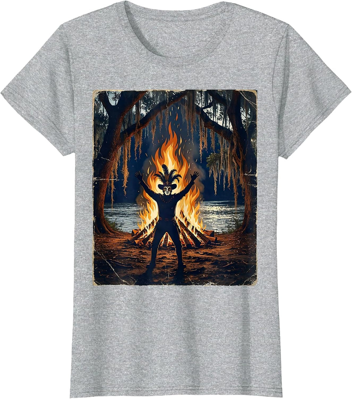 Mardi Gras Reveler Bonfire Riverbank Silhouette T-Shirt - Heather Grey