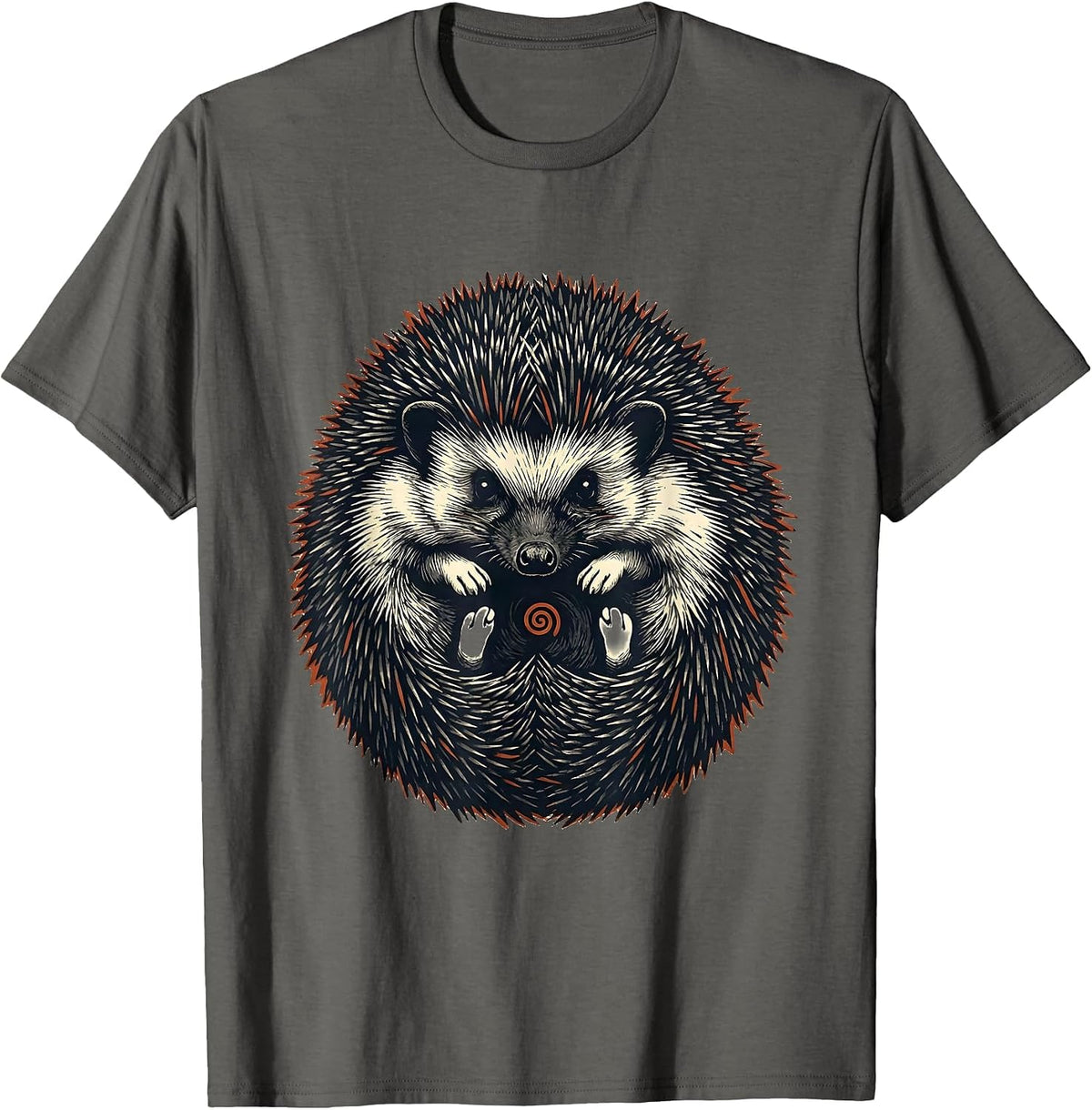Men's Cute Curled Hedgehog Linocut Animal Lover Gift T-Shirt - Asphalt Grey