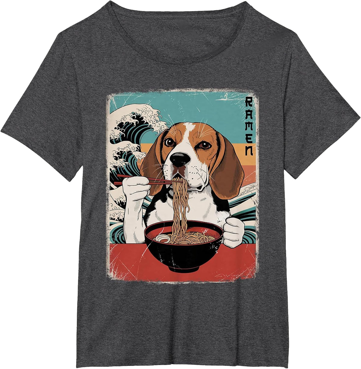 Beagle Eat Ramen Noodles Japanese Art Retro Ocean Waves T-Shirt - Dark Heather Grey
