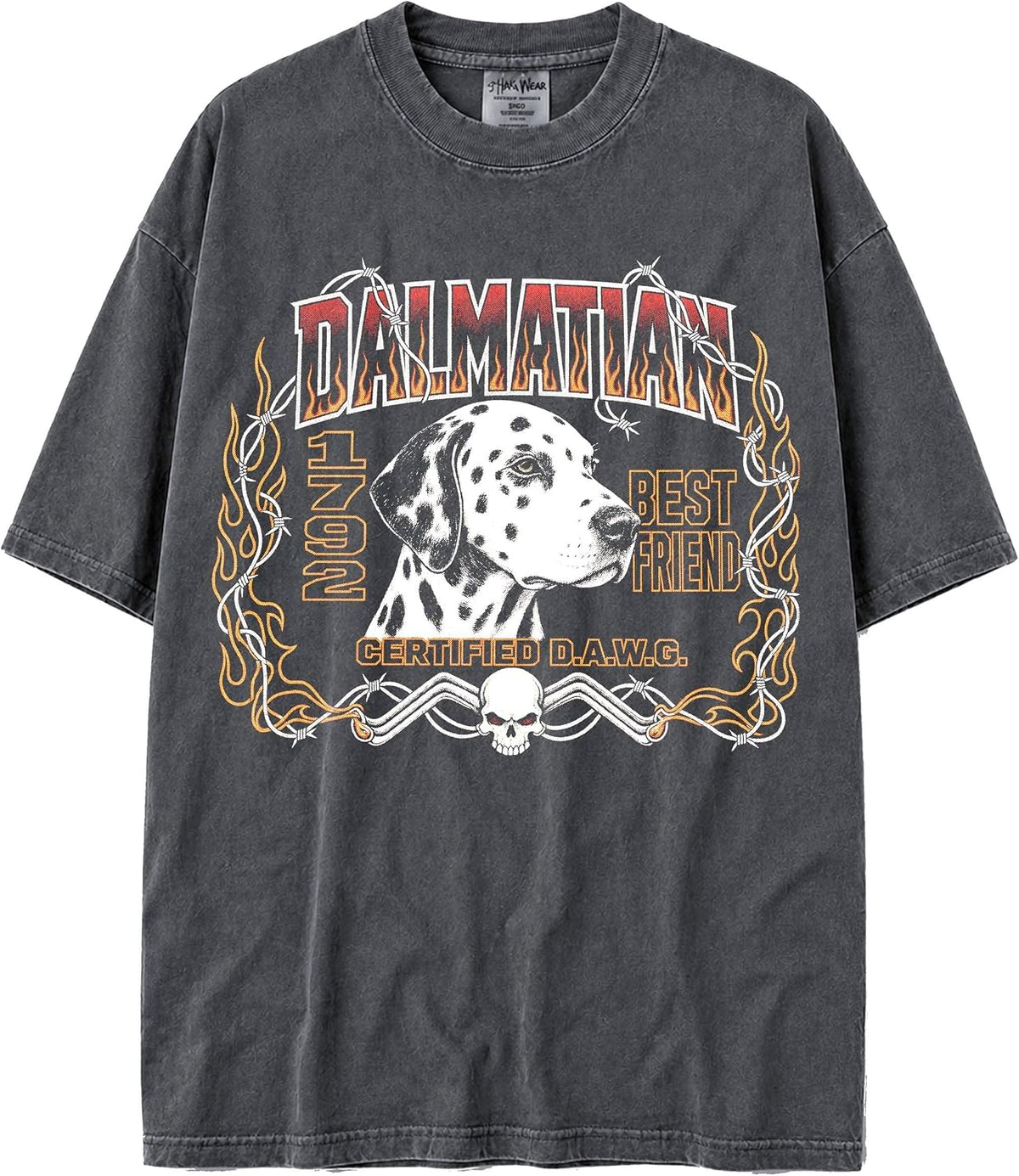 U.S.A. MAX-Heavyweight Shaka Wear Oversized 7.5oz Cotton Faded Tshirt Biker Graphic with Flames and Barbed Wire - Dalmatian
