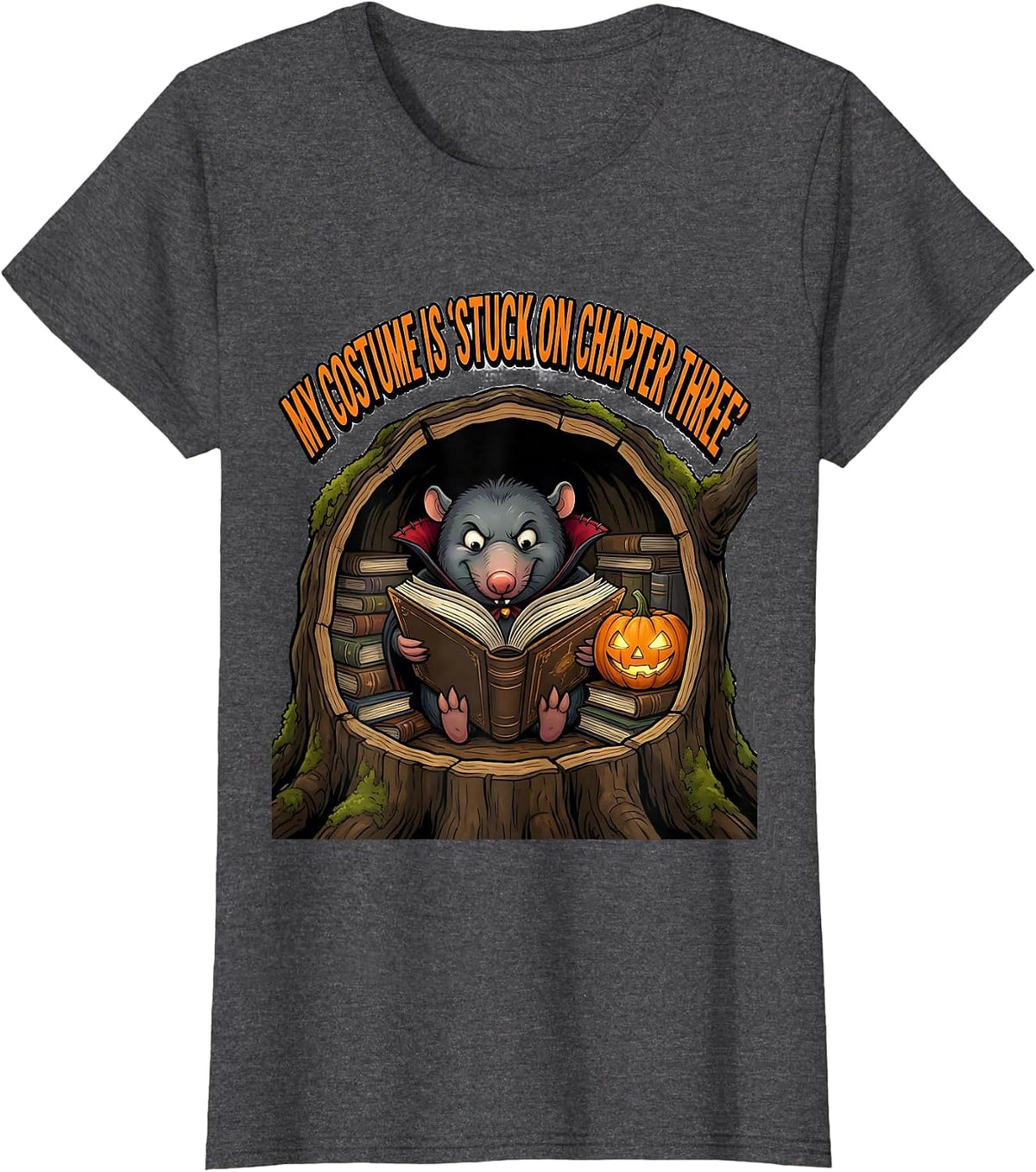 Women's My Costume Is Stuck On Chapter Three Funny Book Lover T-Shirt - Dark Heather Grey