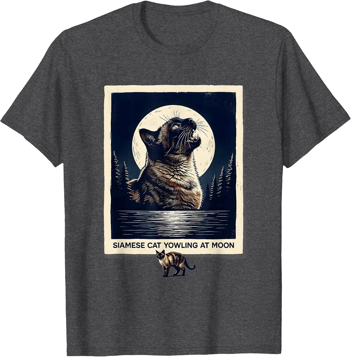 Men's Siamese Cat Yowling at Moon 90's Retro Nature Art T-Shirt - Dark Heather Grey