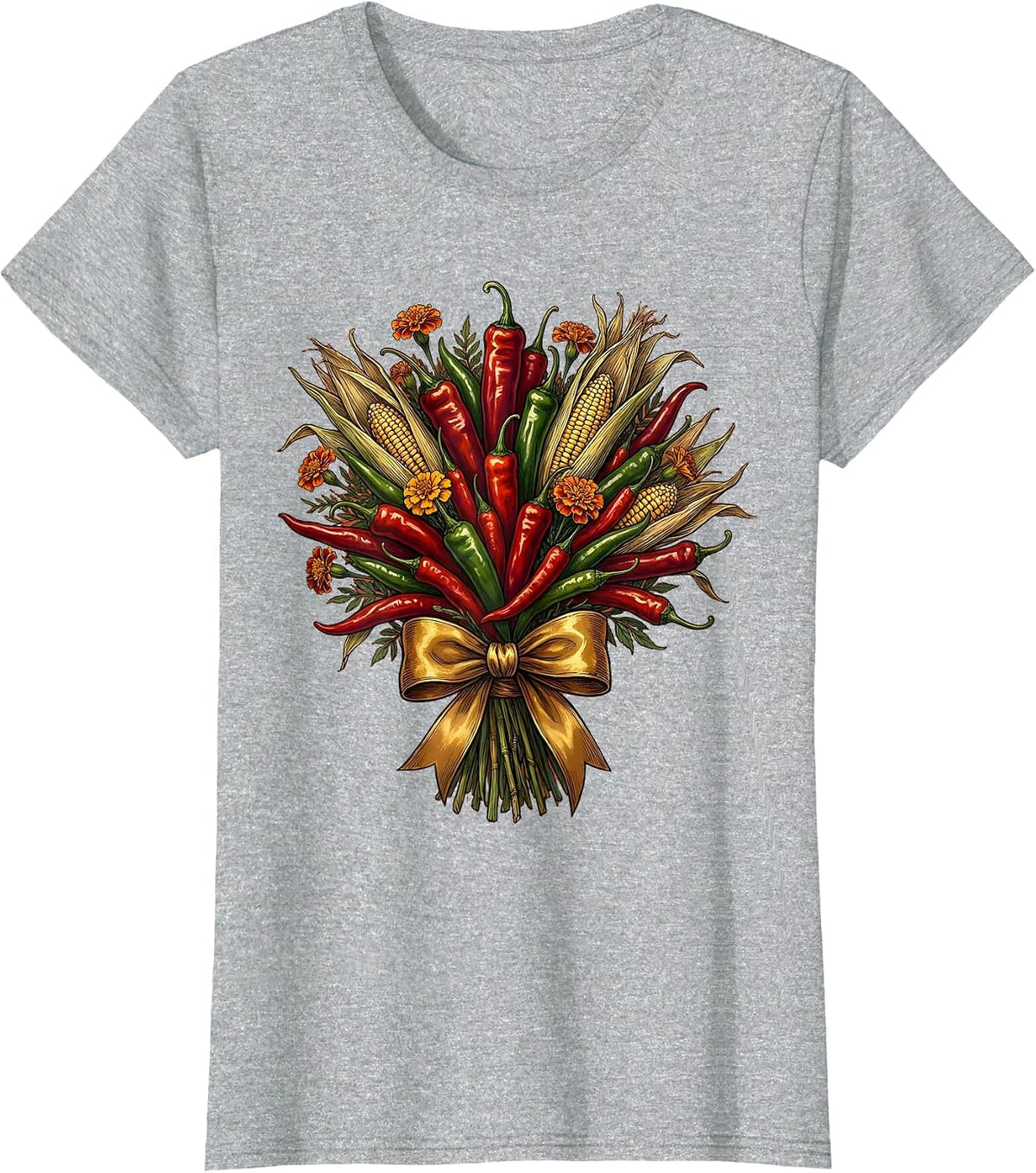 Mexican Chili Pepper Bouquet Ribbon Illustration T-Shirt - Heather Grey