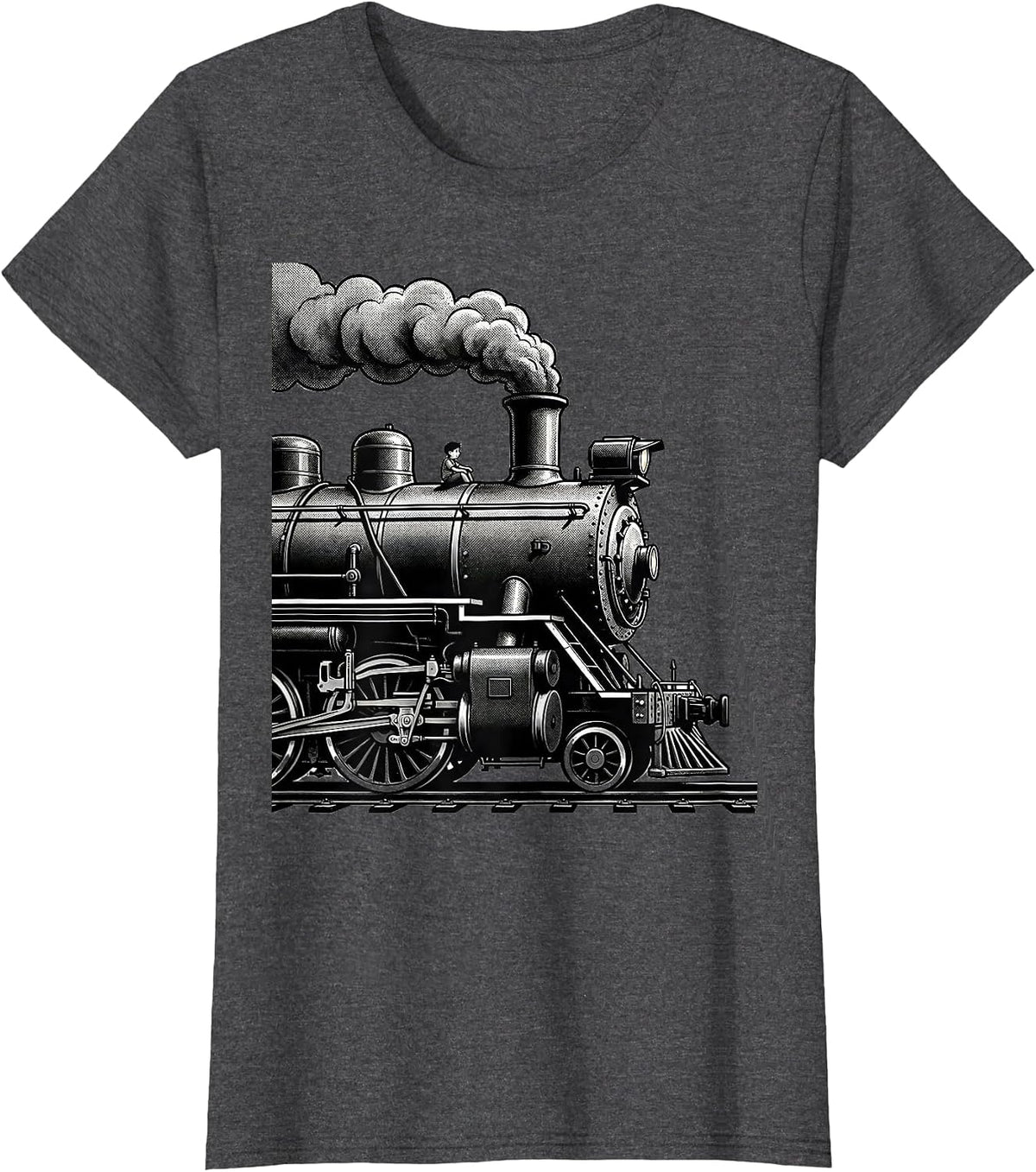 Women's Steam Locomotive Line Art Train Enthusiast Humor T-Shirt - Dark Heather Grey