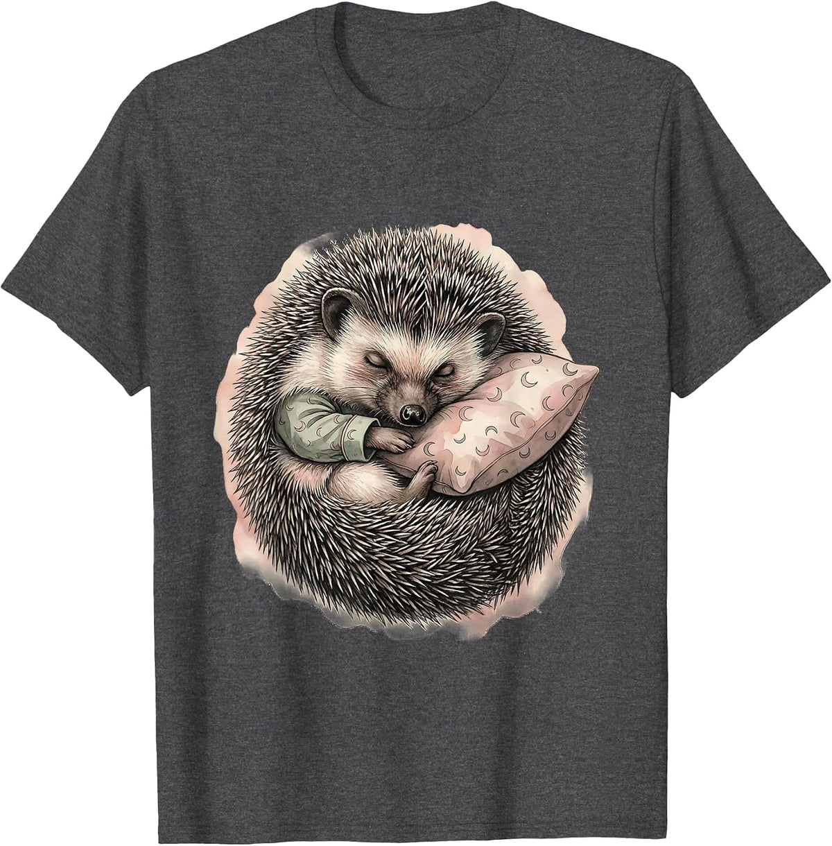 Sleeping Hedgehog Watercolor Cozy Pajama Portrait T-Shirt - Dark Heather Grey