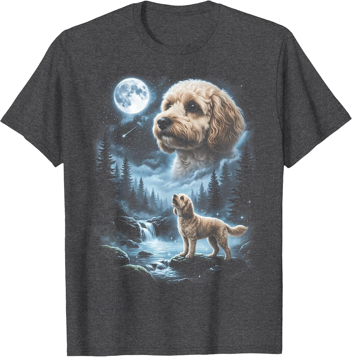 Cavapoo Howling to the Moon Retro 90's Doodle Dog T-Shirt - Dark Heather Grey