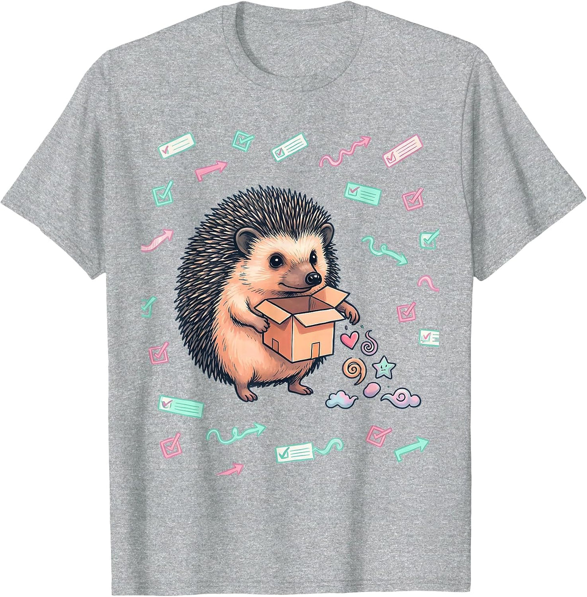 Men's Round Hedgehog Party Favor Box Kawaii Doodle Valentine T-Shirt - Heather Grey
