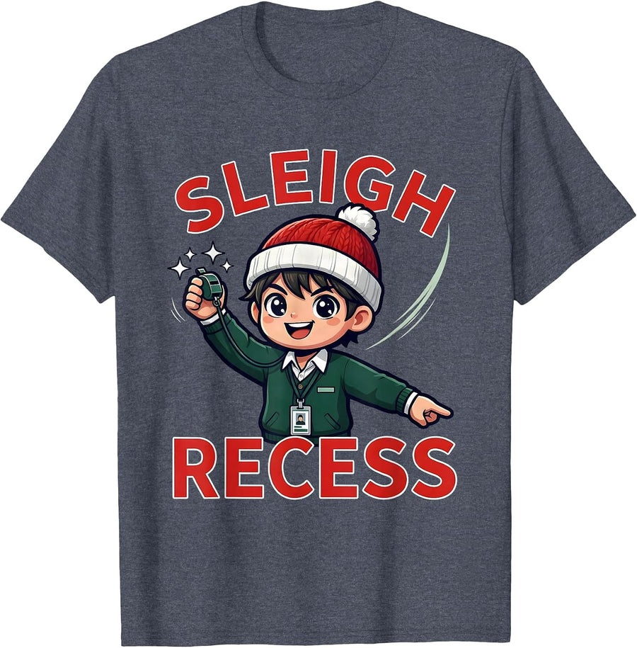 SLEIGH RECESS Funny Teacher Christmas School Staff T-Shirt - Heather Blue