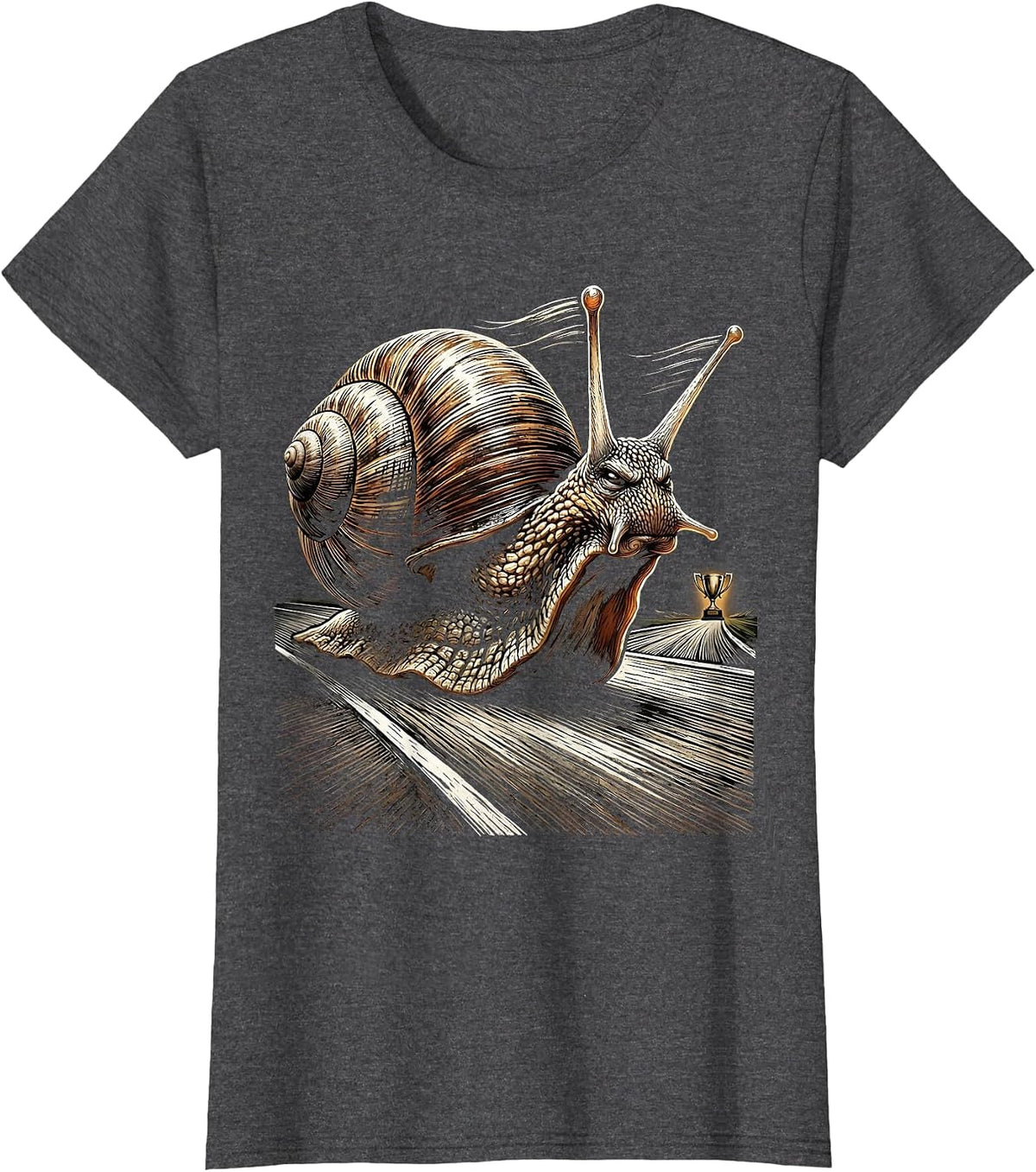 Women's Funny Snail Racing Track Graphic Design T-Shirt - Dark Heather Grey