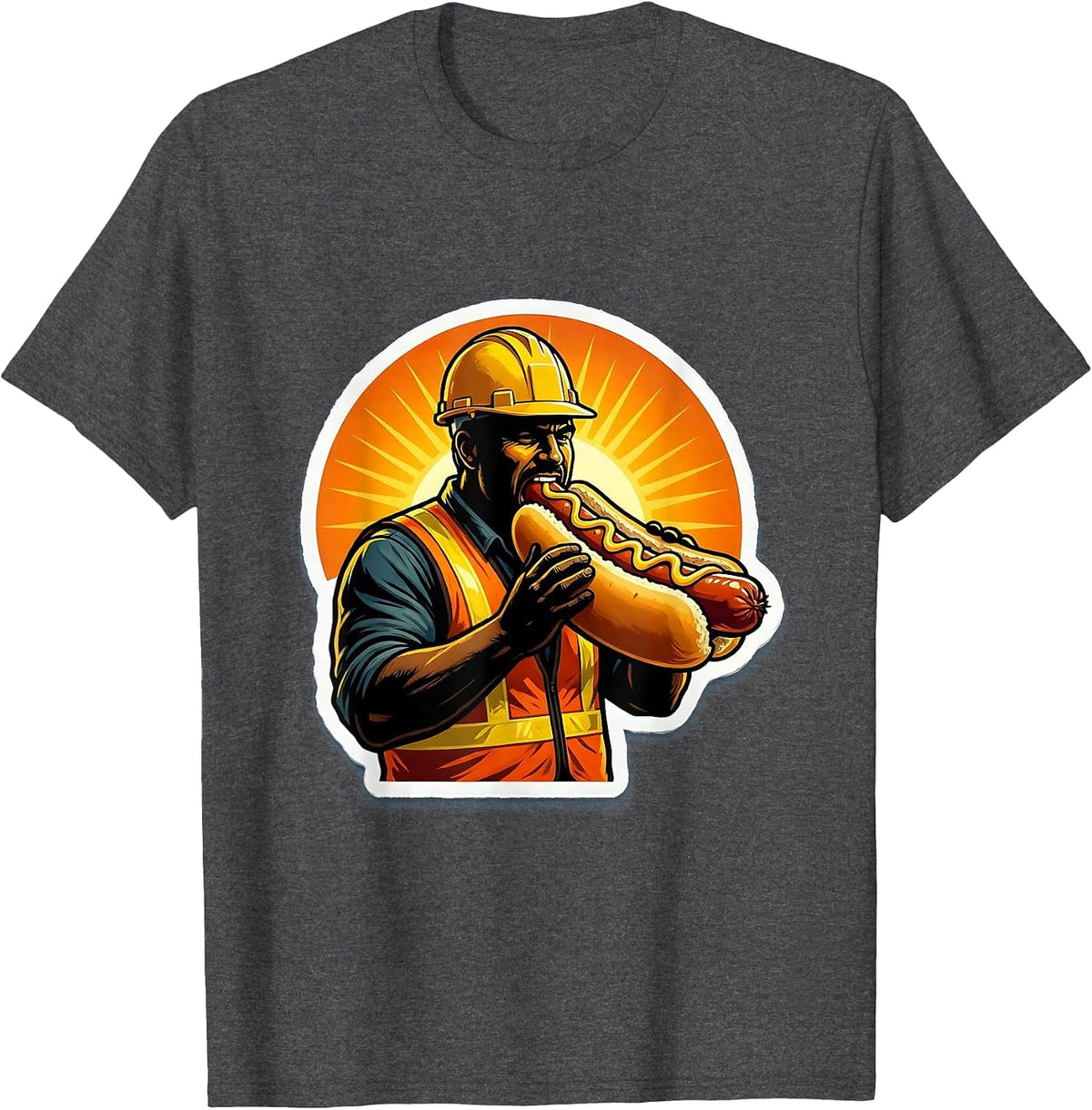 Construction Worker Hot Dog Sunrise Graphic T-Shirt - Dark Heather Grey