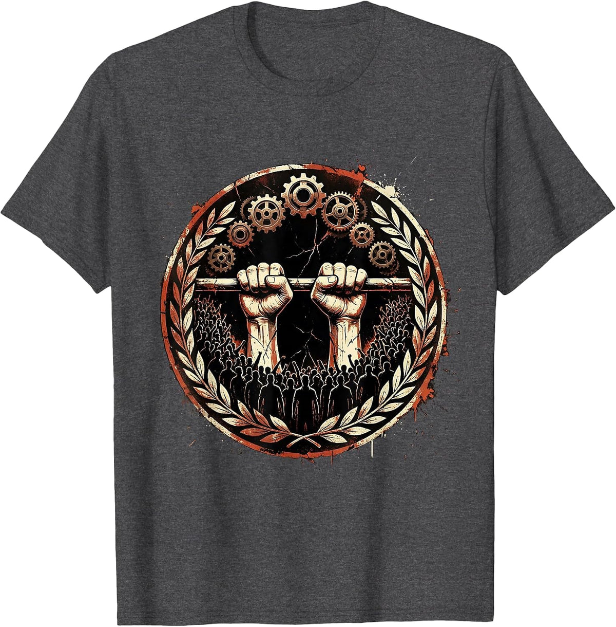 Labor Day Union Banner Crowd Illustration T-Shirt - Dark Heather Grey