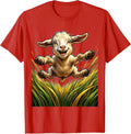 Men's Baby Goat Leaping Through Tall Grass Illustration T-Shirt - Red
