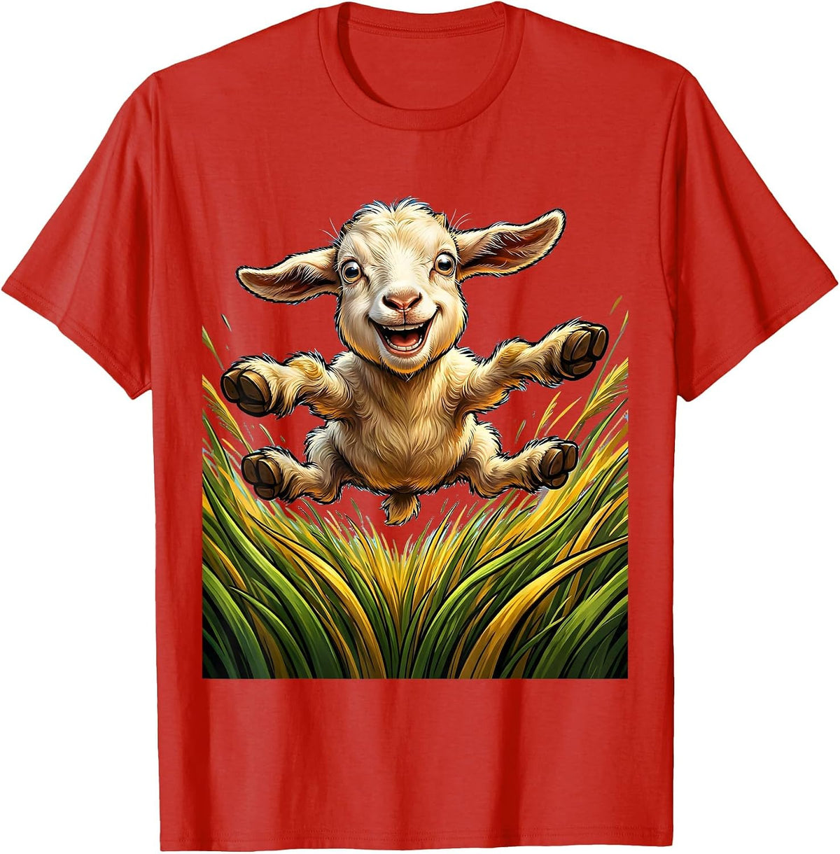Men's Baby Goat Leaping Through Tall Grass Illustration T-Shirt - Red